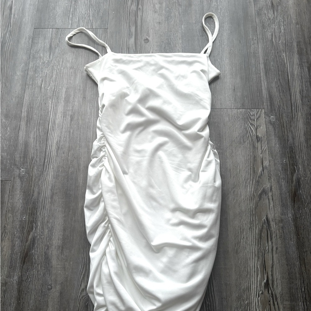 SHEIN white bodycon dress, ruched sides, double lined